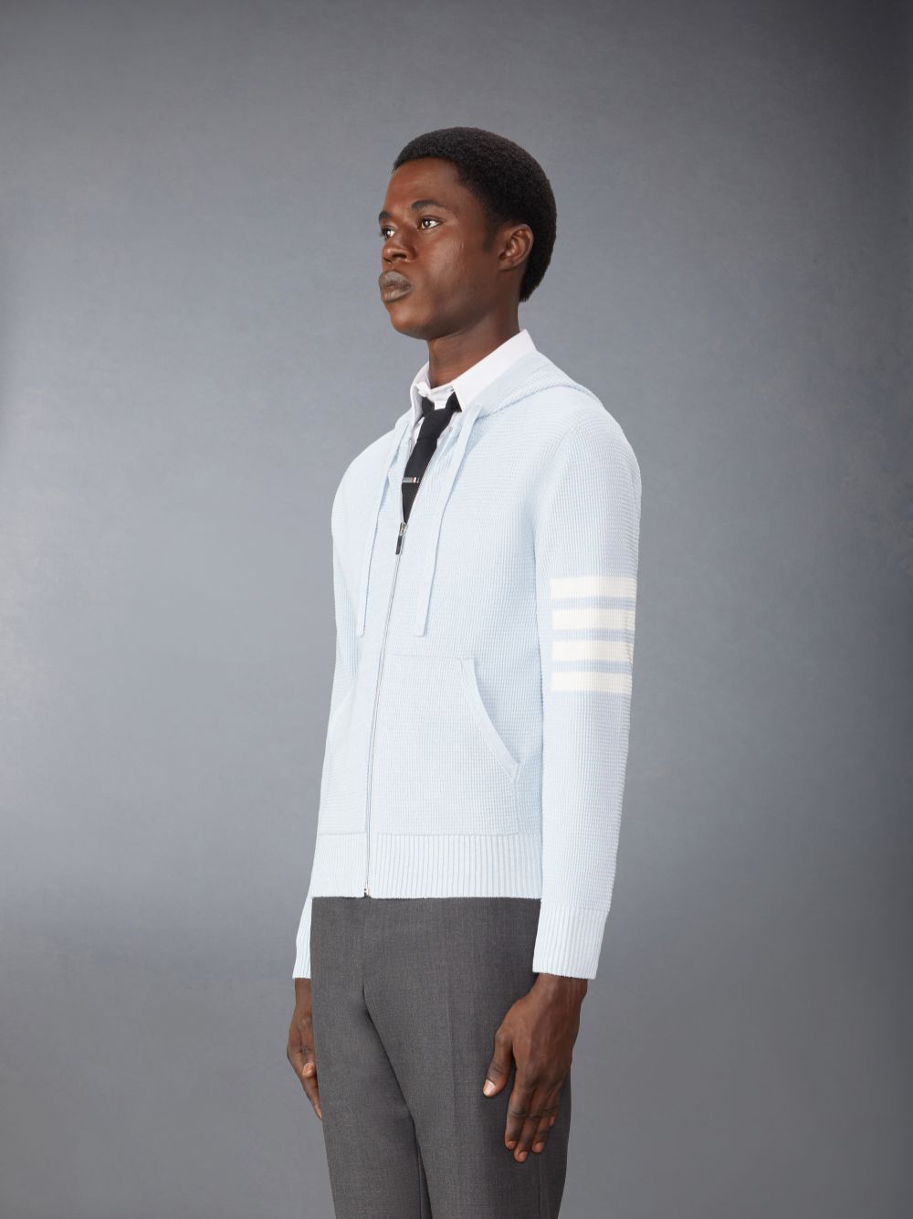 Thom Browne Linen Cotton 4-Bar Relaxed Fit Zip up Uomo Felpa con Cappuccio Blu | JJS04E77917