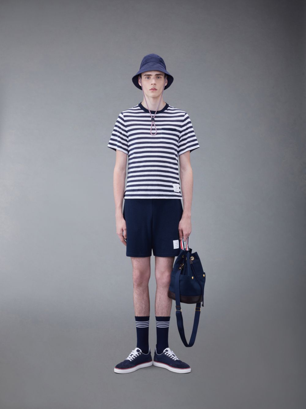 Thom Browne Linen Jersey Short Sleeve Striped Pocket Uomo Magliette Blu | MQQ83D75018