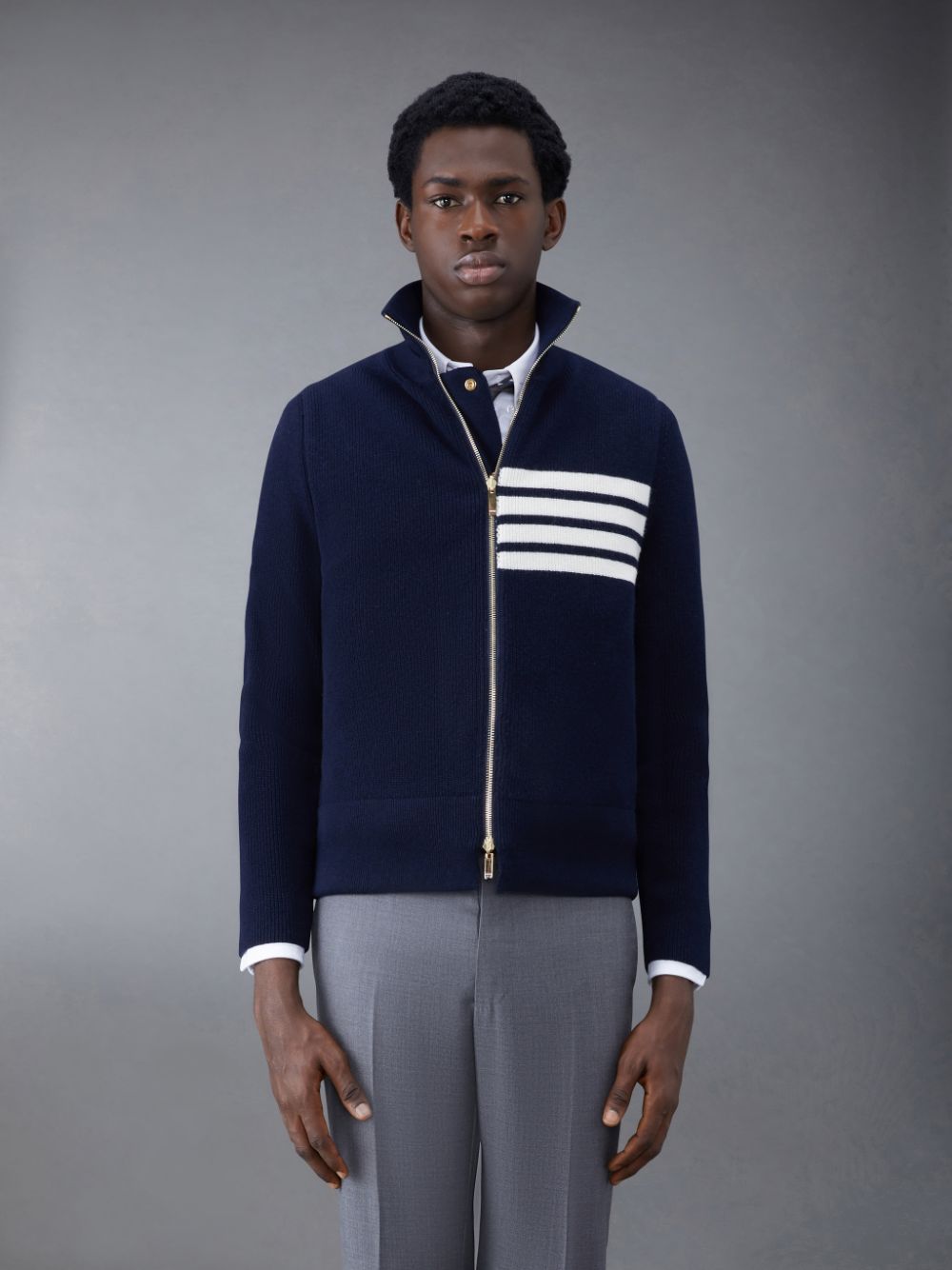 Thom Browne MERINO AND JERSEY PADDED REVERSIBLE 4-BAR FUNNEL NECK Uomo Giacche Blu | LBL79D02767