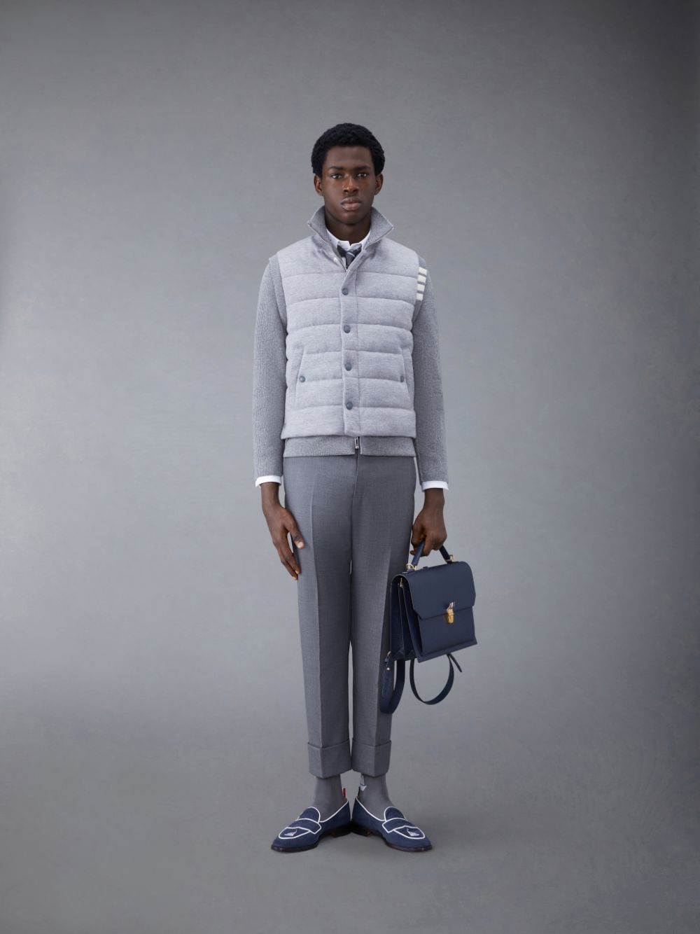 Thom Browne MERINO AND JERSEY PADDED REVERSIBLE 4-BAR FUNNEL NECK Uomo Giacche Grigie | MPD24G44320