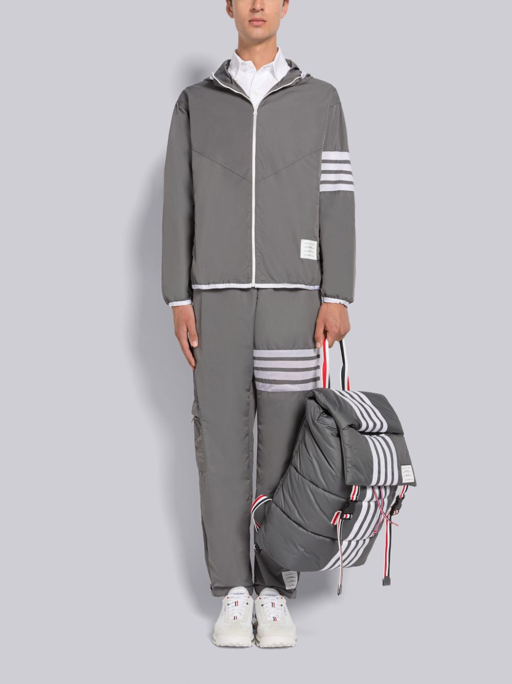 Thom Browne MILITARY RIPSTOP MESH 4-BAR PACKABLE ZIP Uomo Felpa con Cappuccio Grigie | OBU98F77703