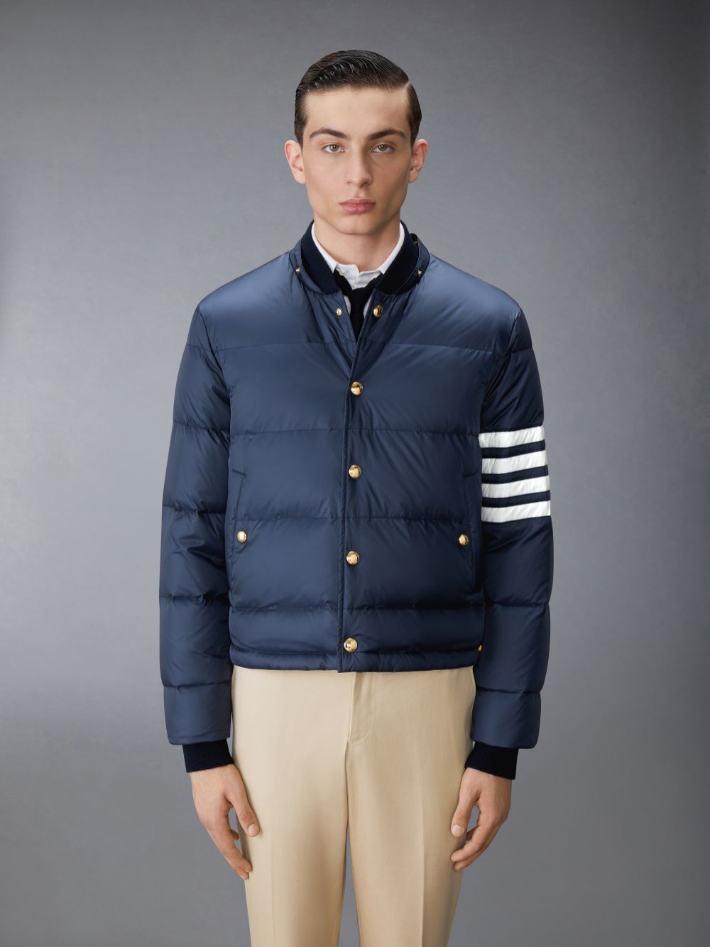 Thom Browne Matte Nylon 4-Bar Down Bomber Uomo Giacche Blu Marino | UQW38M34905