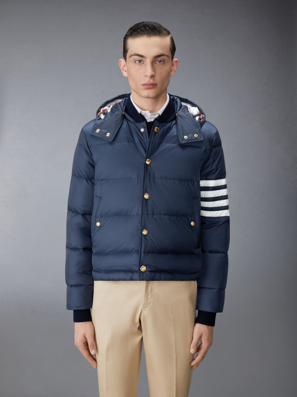 Thom Browne Matte Nylon 4-Bar Down Bomber Uomo Giacche Blu Marino | UQW38M34905