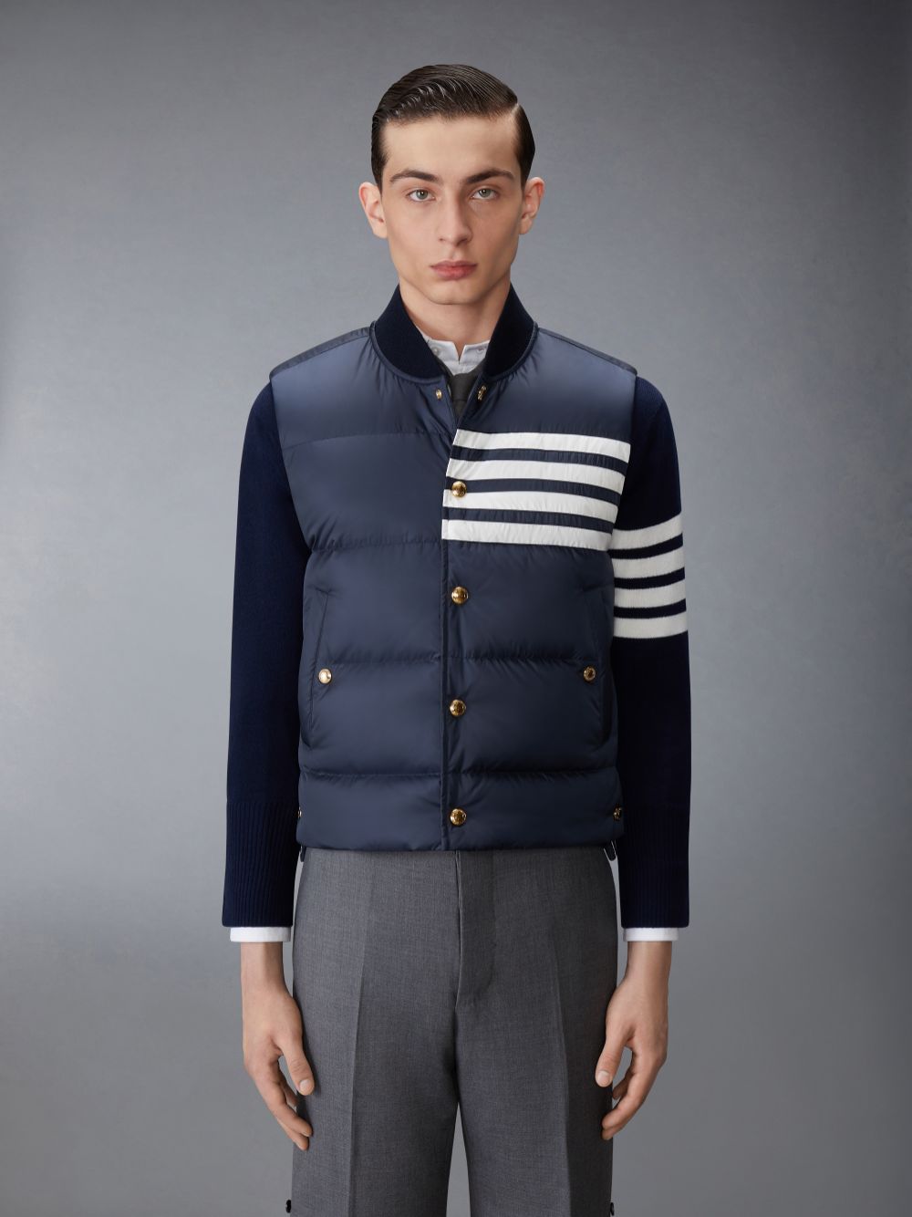 Thom Browne Matte Nylon 4-Bar Down Uomo Gilet Blu Marino | RYF04T55447