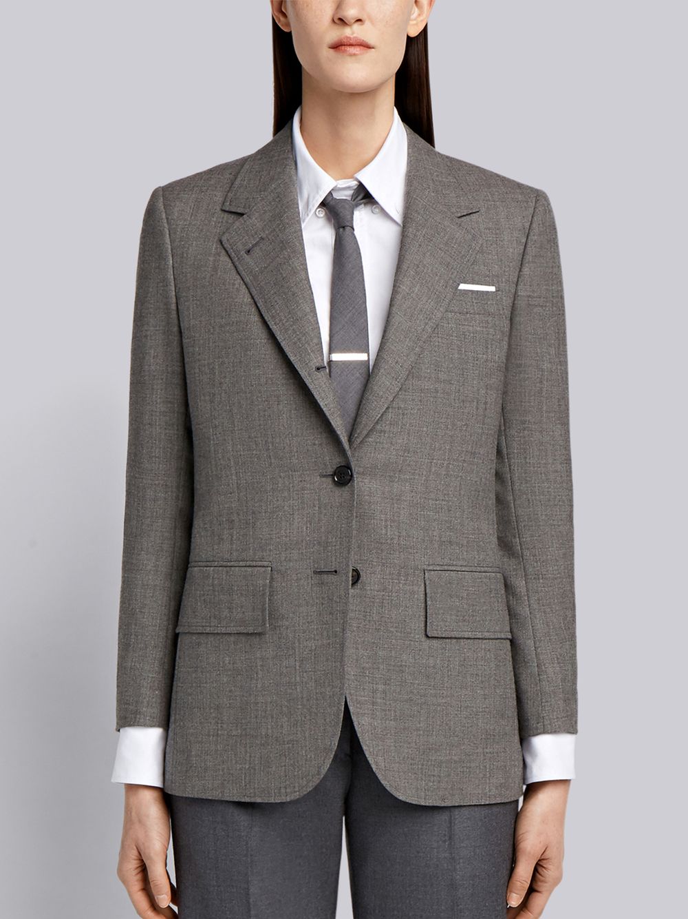 Thom Browne Medium 2-Ply Fresco Wool Wide Lapel Sport Donna Cappotti Grigie | YHR79S01899