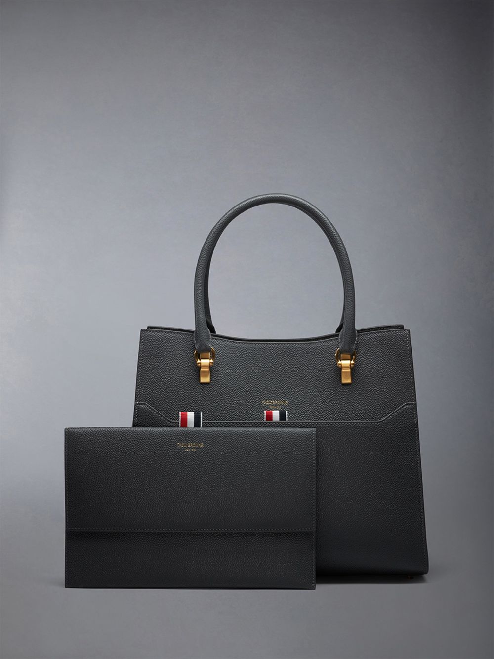 Thom Browne Medium Duet in Pebble Grain Leather Donna Borse Tote Grigie | QAM39H11092