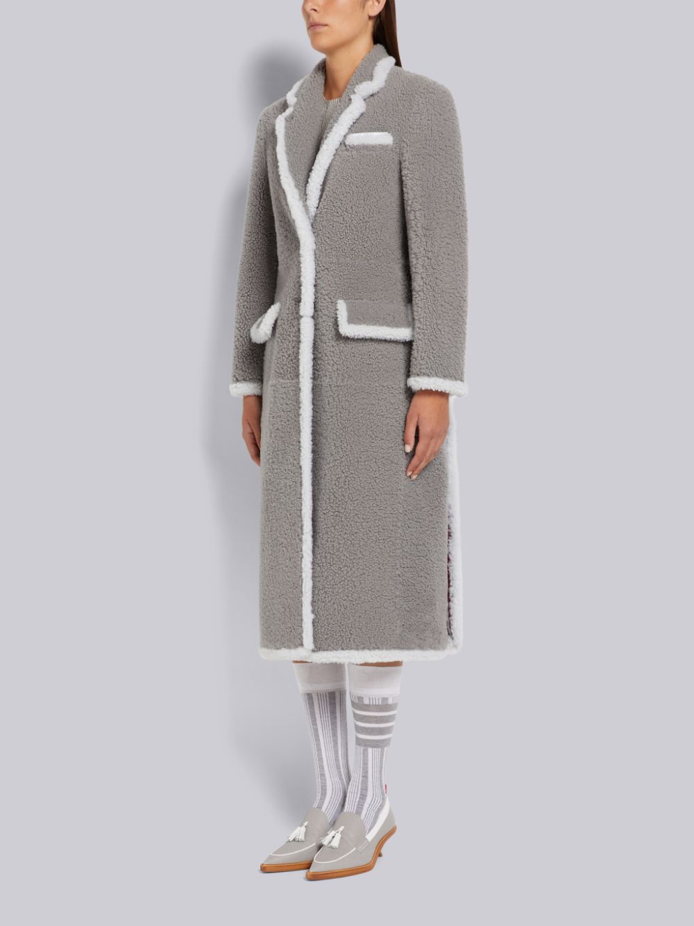 Thom Browne Medium Dyed Shearling Contrast Framing Wide Lapel Donna Cappotti Grigie | OXN63K24281