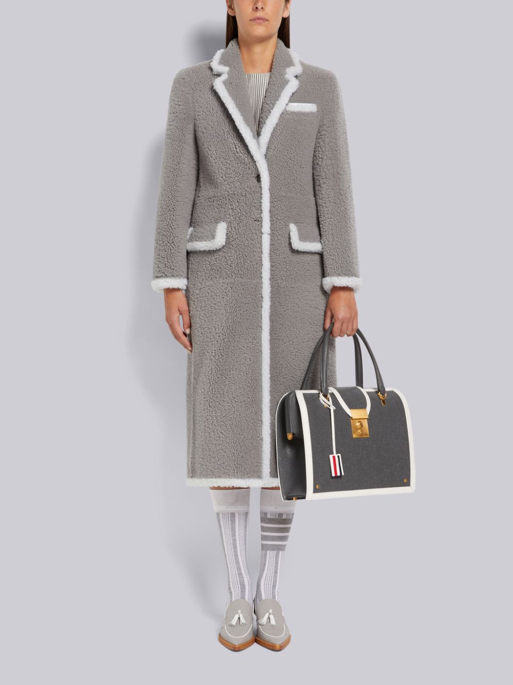 Thom Browne Medium Dyed Shearling Contrast Framing Wide Lapel Donna Cappotti Grigie | OXN63K24281