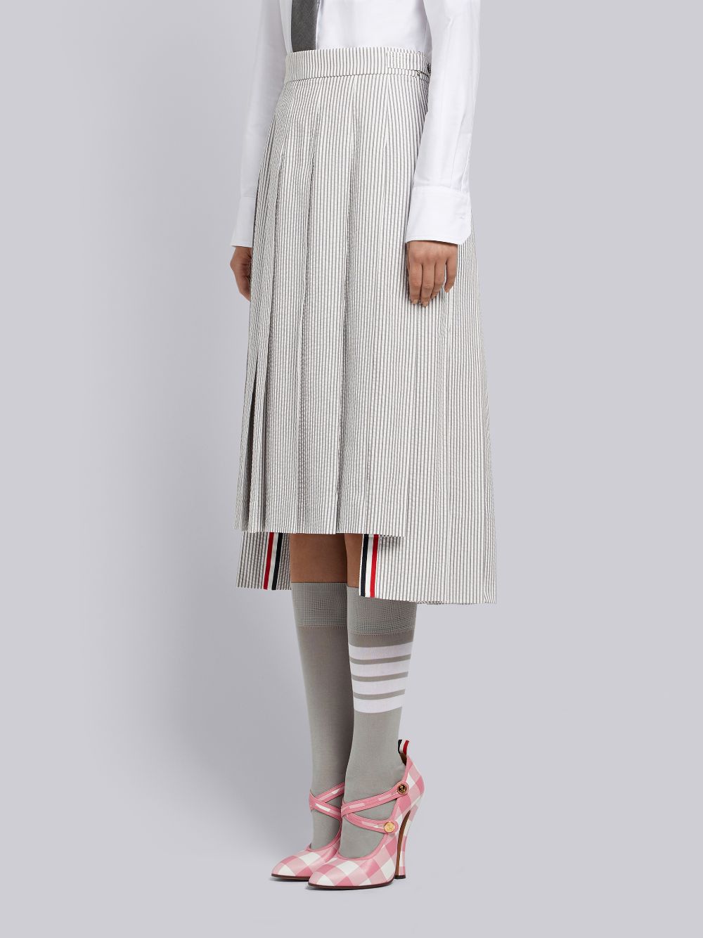 Thom Browne Medium Seersucker Below-the-knee Pleated Donna Gonne Grigie | WMY34T36930