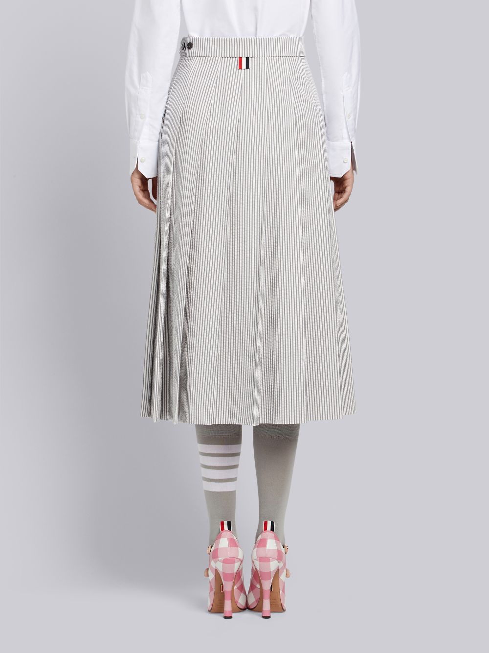 Thom Browne Medium Seersucker Below-the-knee Pleated Donna Gonne Grigie | WMY34T36930