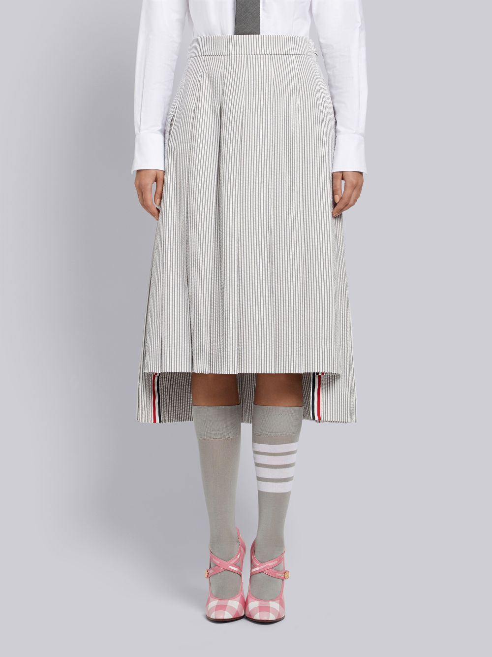 Thom Browne Medium Seersucker Below-the-knee Pleated Donna Gonne Grigie | WMY34T36930