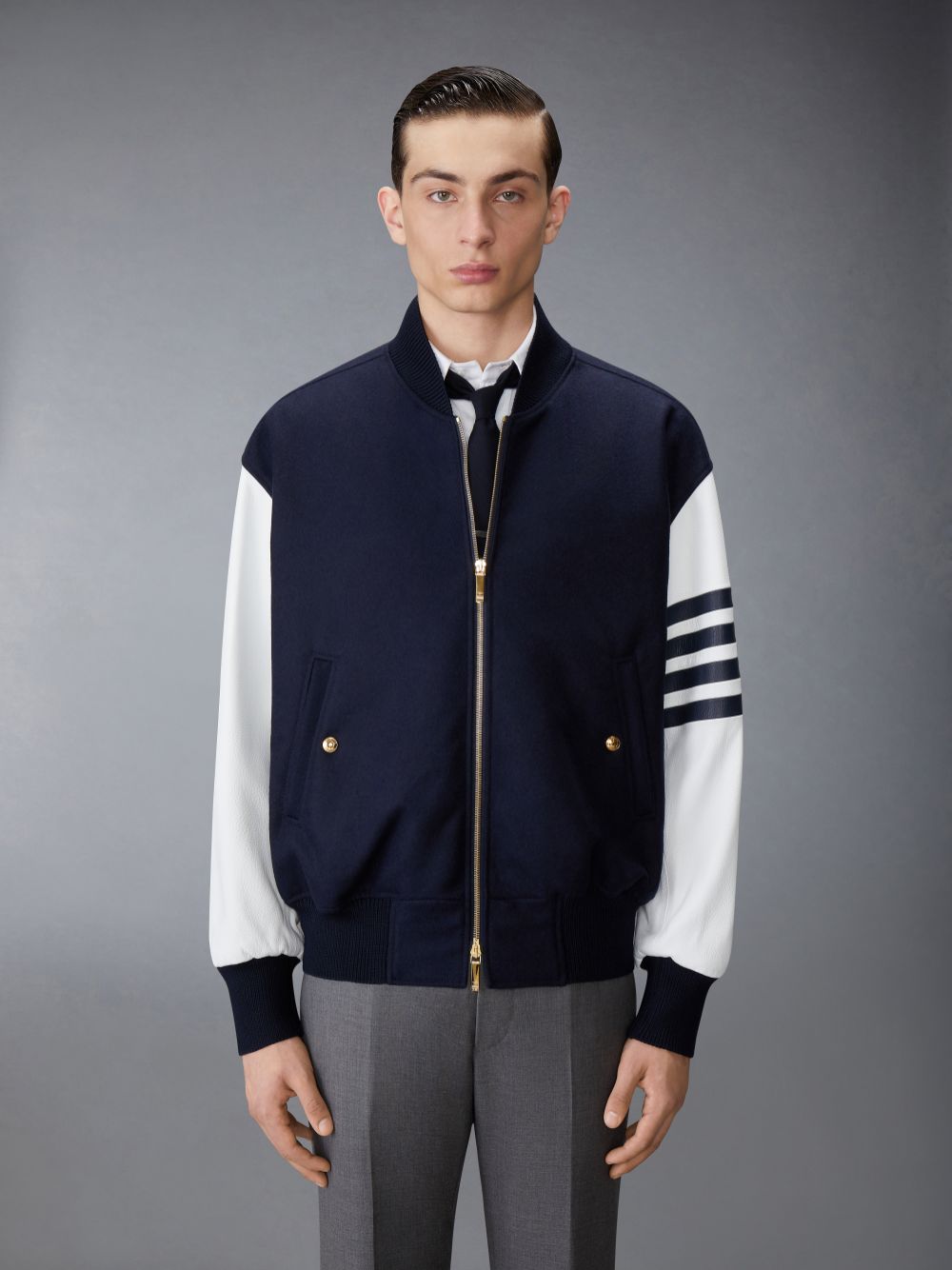 Thom Browne Melton Wool 4-Bar Oversized Blouson Uomo Giacche Blu Marino | IAI05W11267