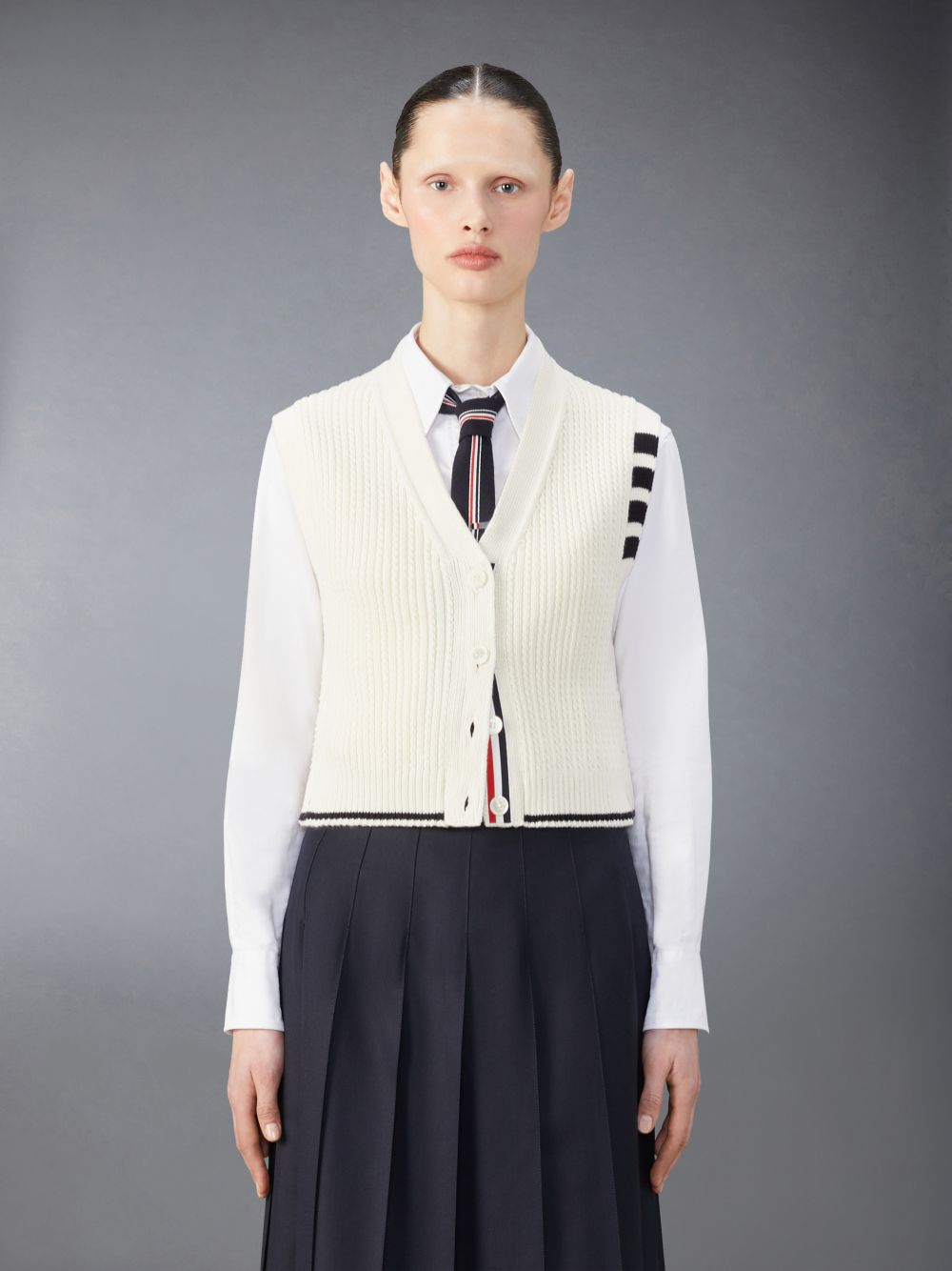 Thom Browne Merino Wool 4-Bar Cropped Cable Cardigan Donna Gilet Bianche | XOS49B01794