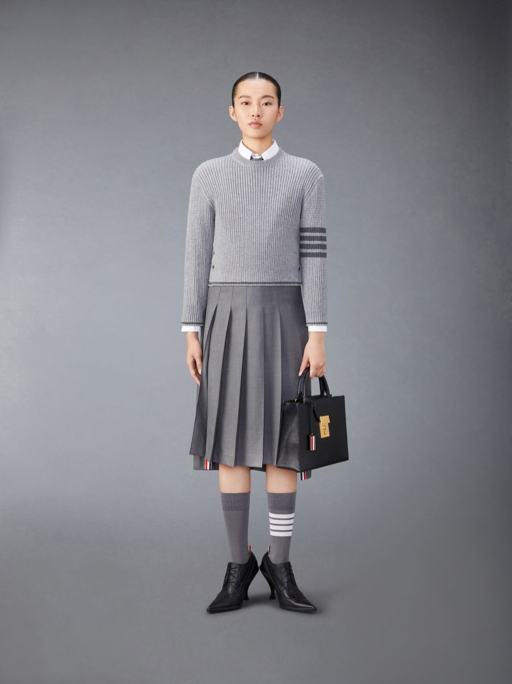 Thom Browne Merino Wool 4-Bar Cropped Cable Donna Pullover Grigie | RCS37U49670