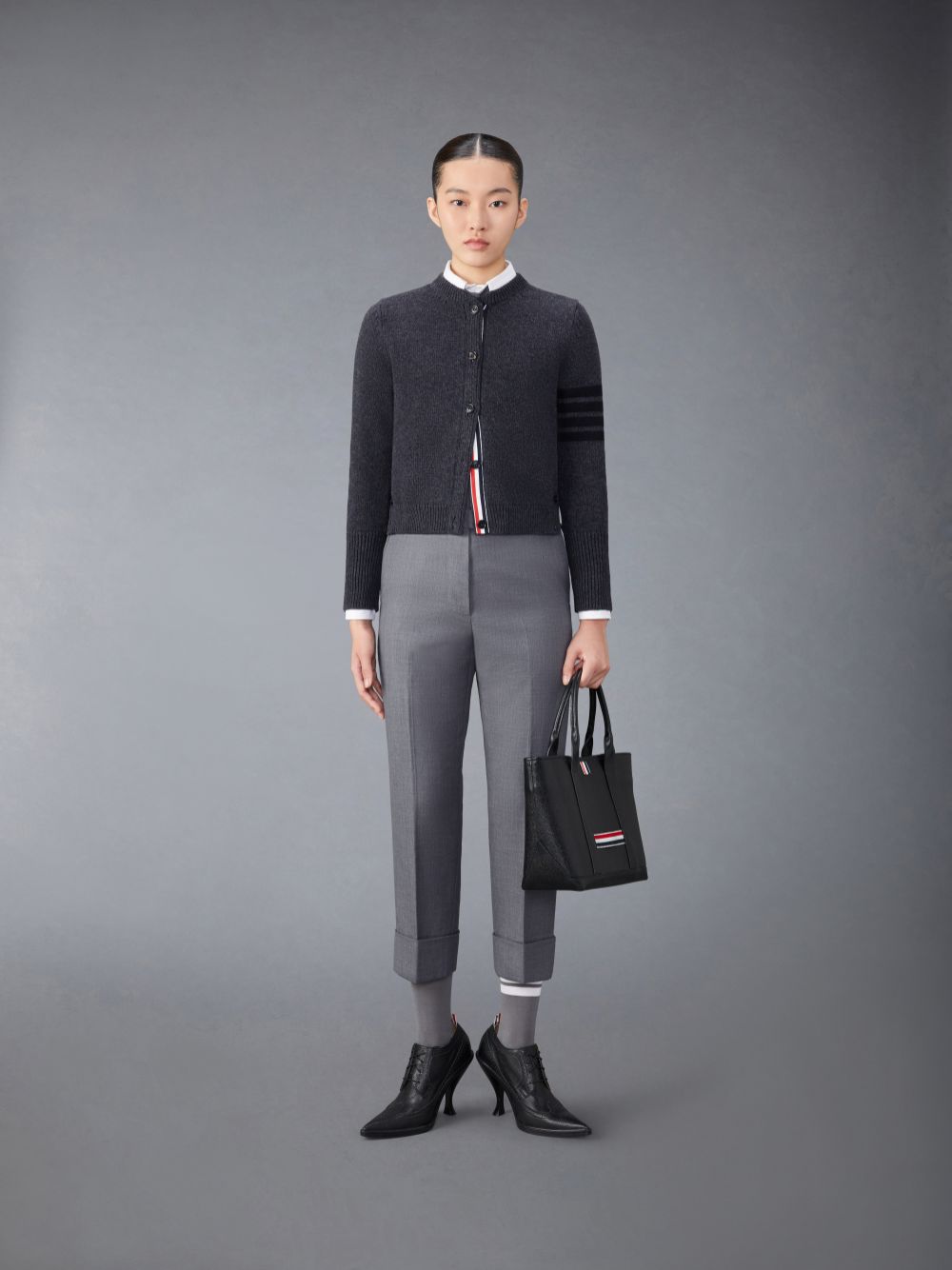 Thom Browne Merino Wool 4-Bar Raven Icon Donna Cardigan Grigie | NAN00G56008