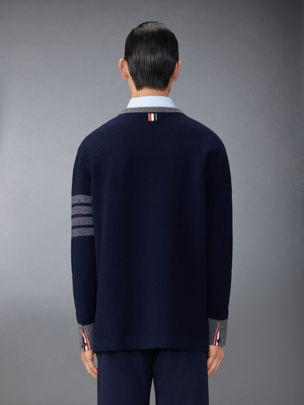 Thom Browne Merino Wool 4-Bar Textured Rugby Stripe Crew Neck Uomo Pullover Blu | MCU37X14652