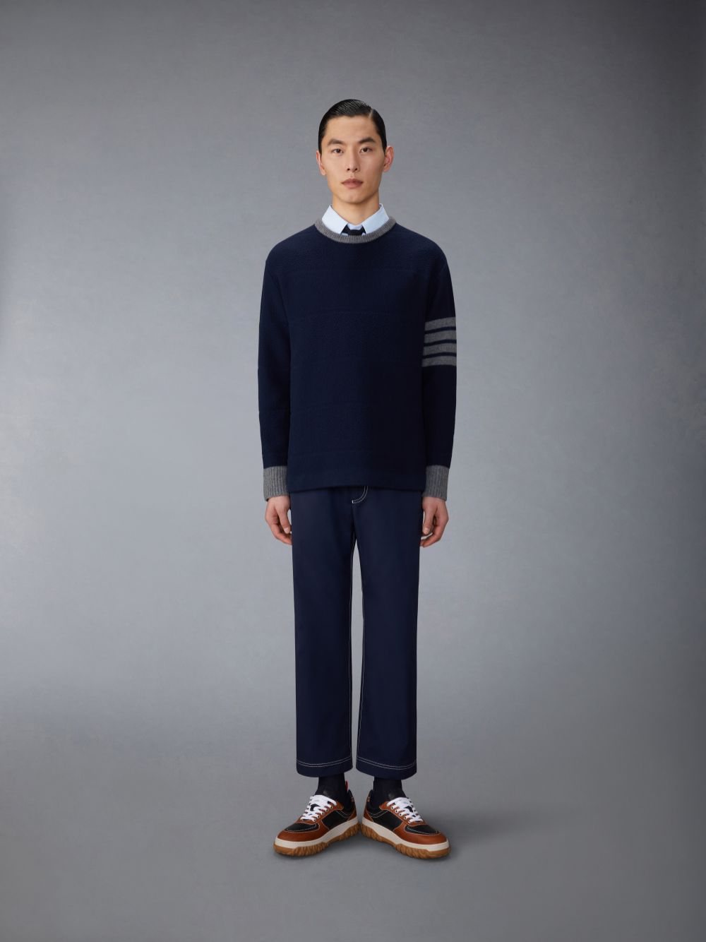 Thom Browne Merino Wool 4-Bar Textured Rugby Stripe Crew Neck Uomo Pullover Blu | MCU37X14652