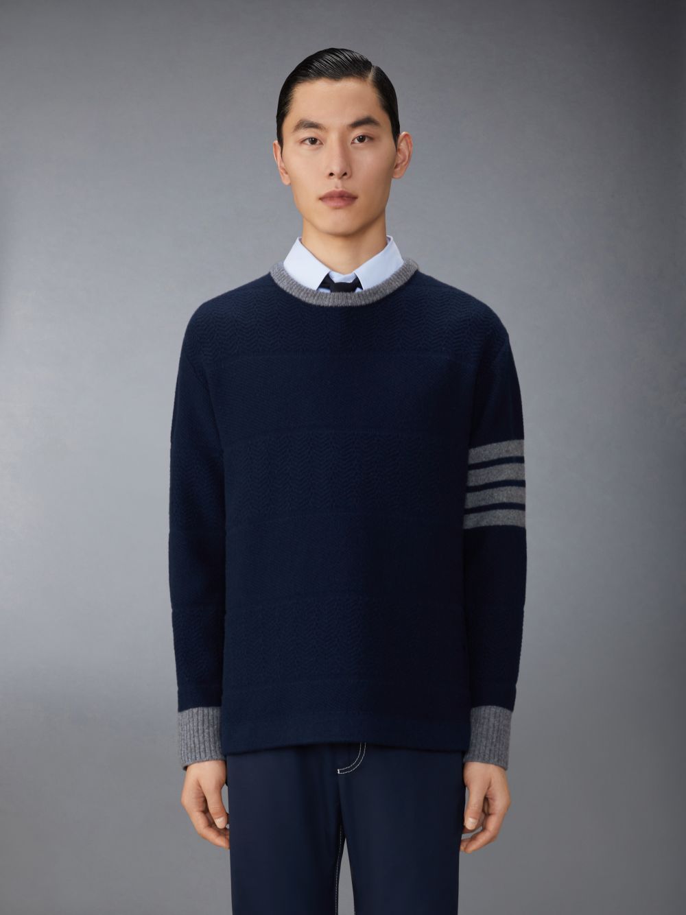 Thom Browne Merino Wool 4-Bar Textured Rugby Stripe Crew Neck Uomo Pullover Blu | MCU37X14652