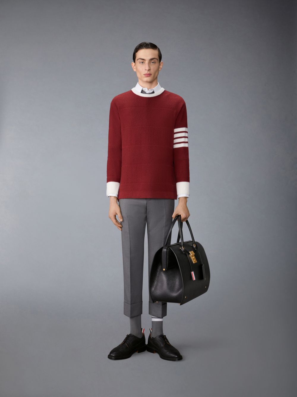 Thom Browne Merino Wool 4-Bar Textured Rugby Stripe Crew Neck Uomo Pullover Rosse | CZF05N29658