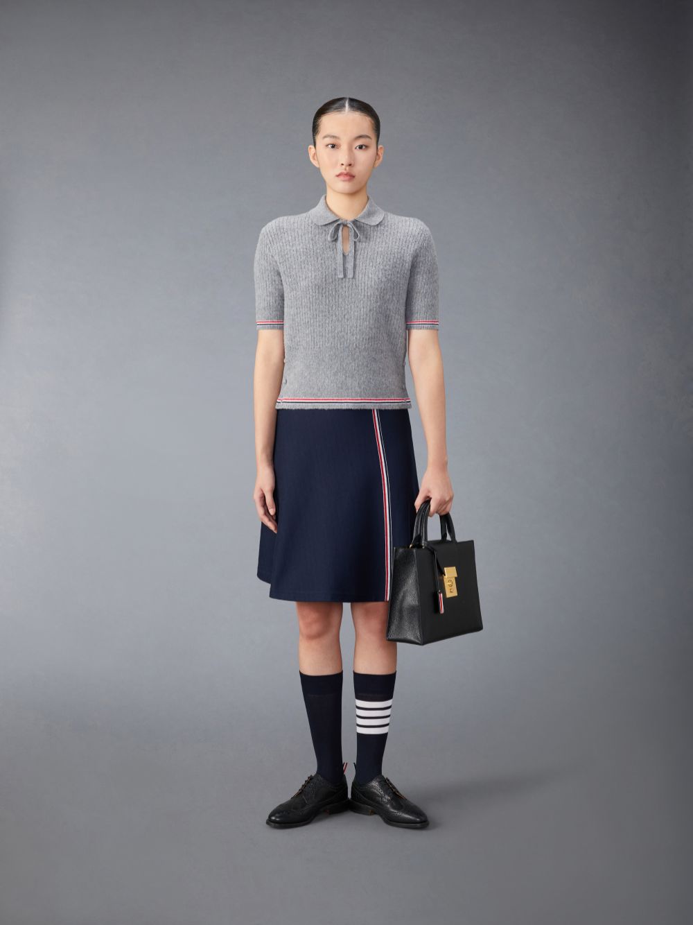 Thom Browne Merino Wool Brushed Tuck Stitch Keyhole Donna Polo Grigie | QDW59R68554