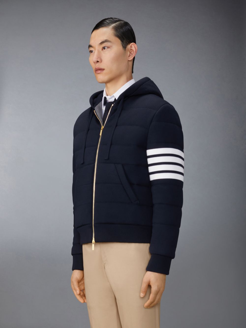 Thom Browne Merino Wool Jersey Stitch Padded 4-Bar Zip up Hoodie Uomo Giacche Blu | RAN53I76950