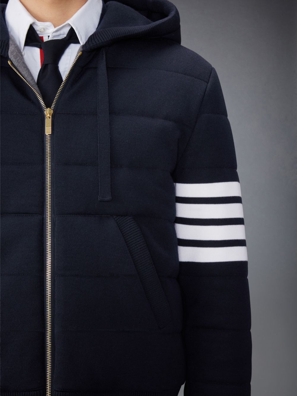 Thom Browne Merino Wool Jersey Stitch Padded 4-Bar Zip up Hoodie Uomo Giacche Blu | RAN53I76950