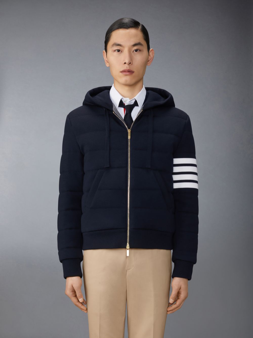 Thom Browne Merino Wool Jersey Stitch Padded 4-Bar Zip up Hoodie Uomo Giacche Blu | RAN53I76950