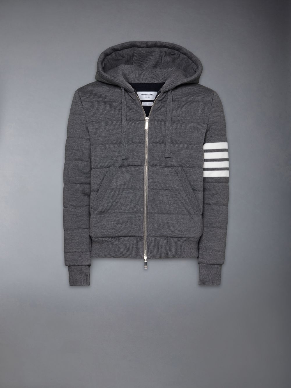 Thom Browne Merino Wool Jersey Stitch Padded 4-Bar Zip up Hoodie Uomo Giacche Grigie | RSX01D72498