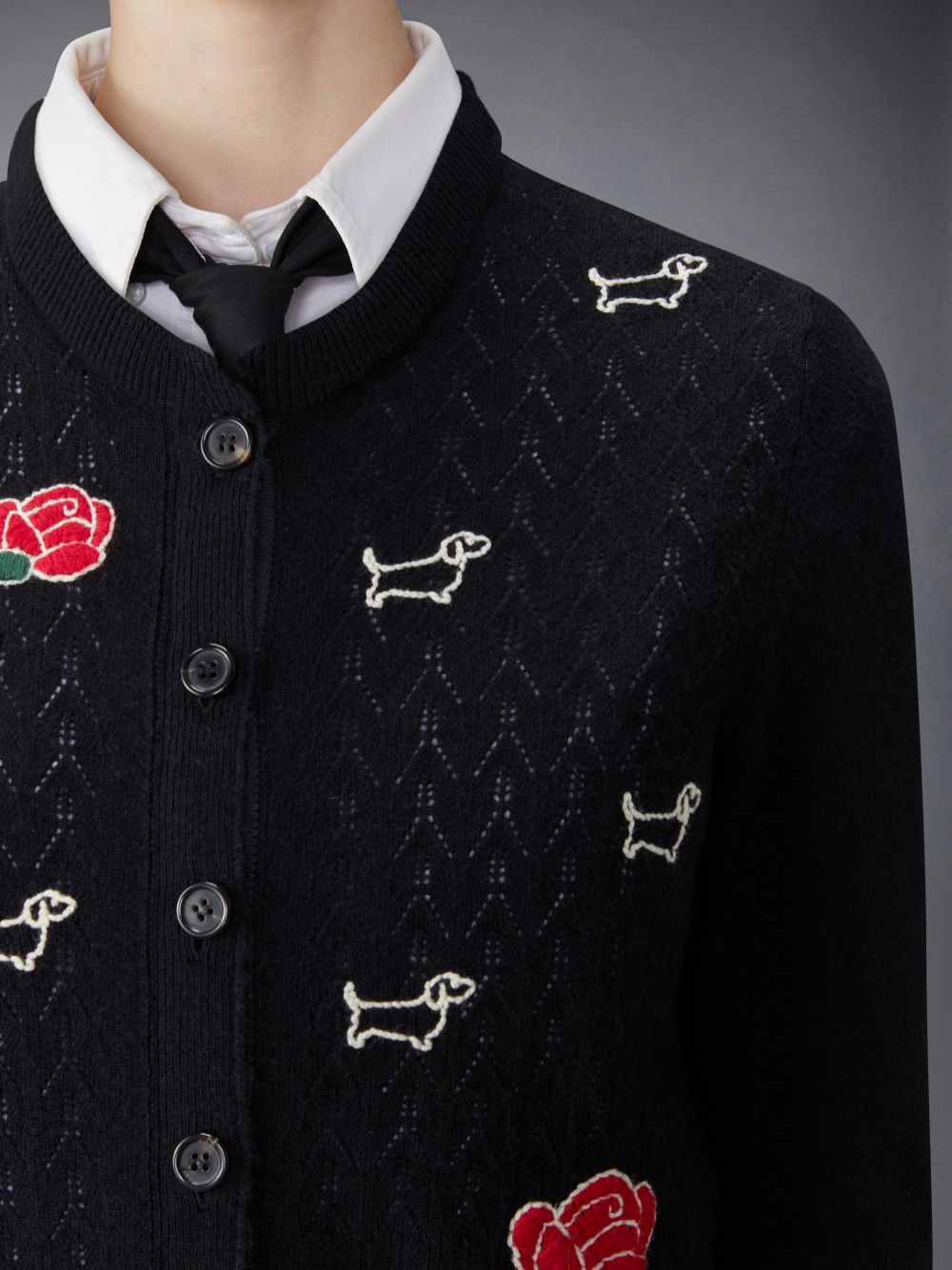 Thom Browne Merino Wool Pointelle Jersey Hector & Rose Crew Neck Donna Cardigan Nere | LIF62R28621