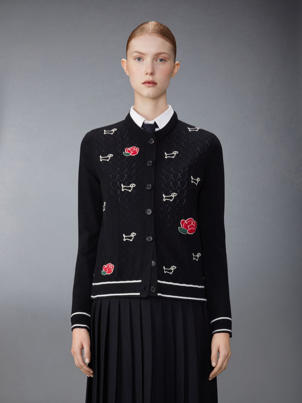 Thom Browne Merino Wool Pointelle Jersey Hector & Rose Crew Neck Donna Cardigan Nere | LIF62R28621