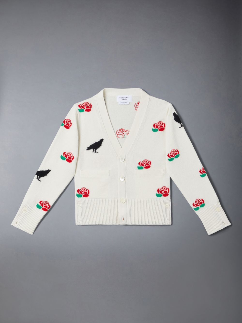 Thom Browne Merino Wool Rose and Raven Ragazza Cardigan Bianche | XIK93J47166