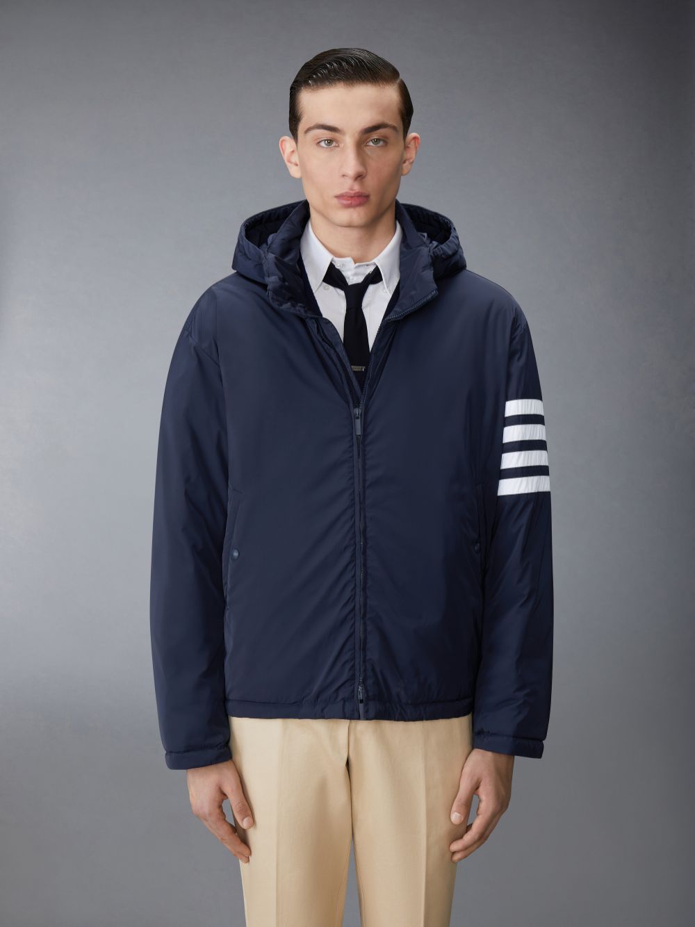 Thom Browne POLY TWILL 4-BAR DOWN FILL ZIP UP HOODED Uomo Giacche Blu | CIU47A49342