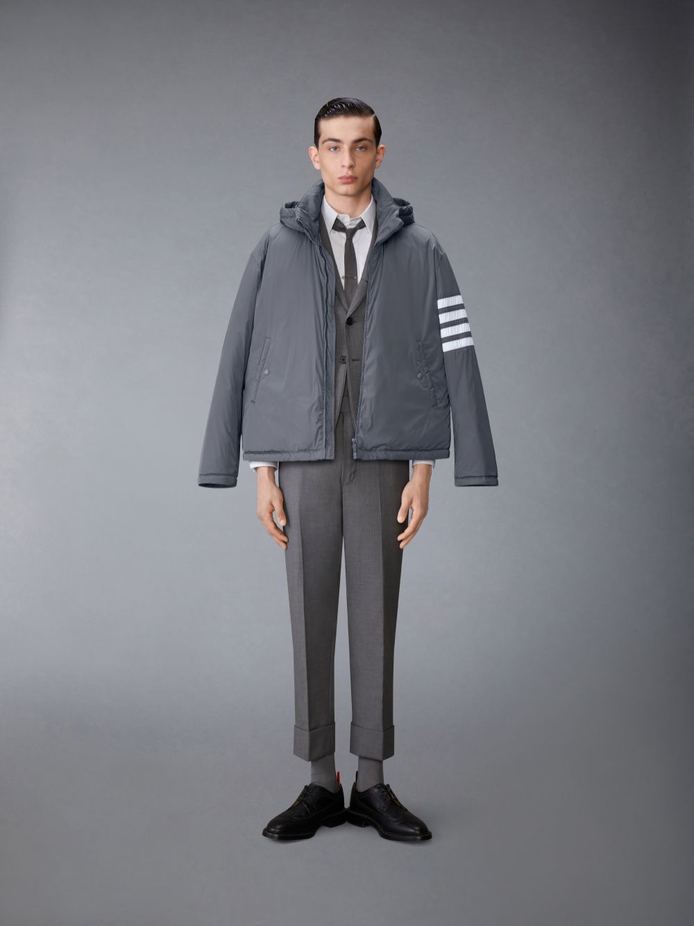 Thom Browne POLY TWILL 4-BAR DOWN FILL ZIP HOODIE Uomo Giacche Grigie | NWA02A07142