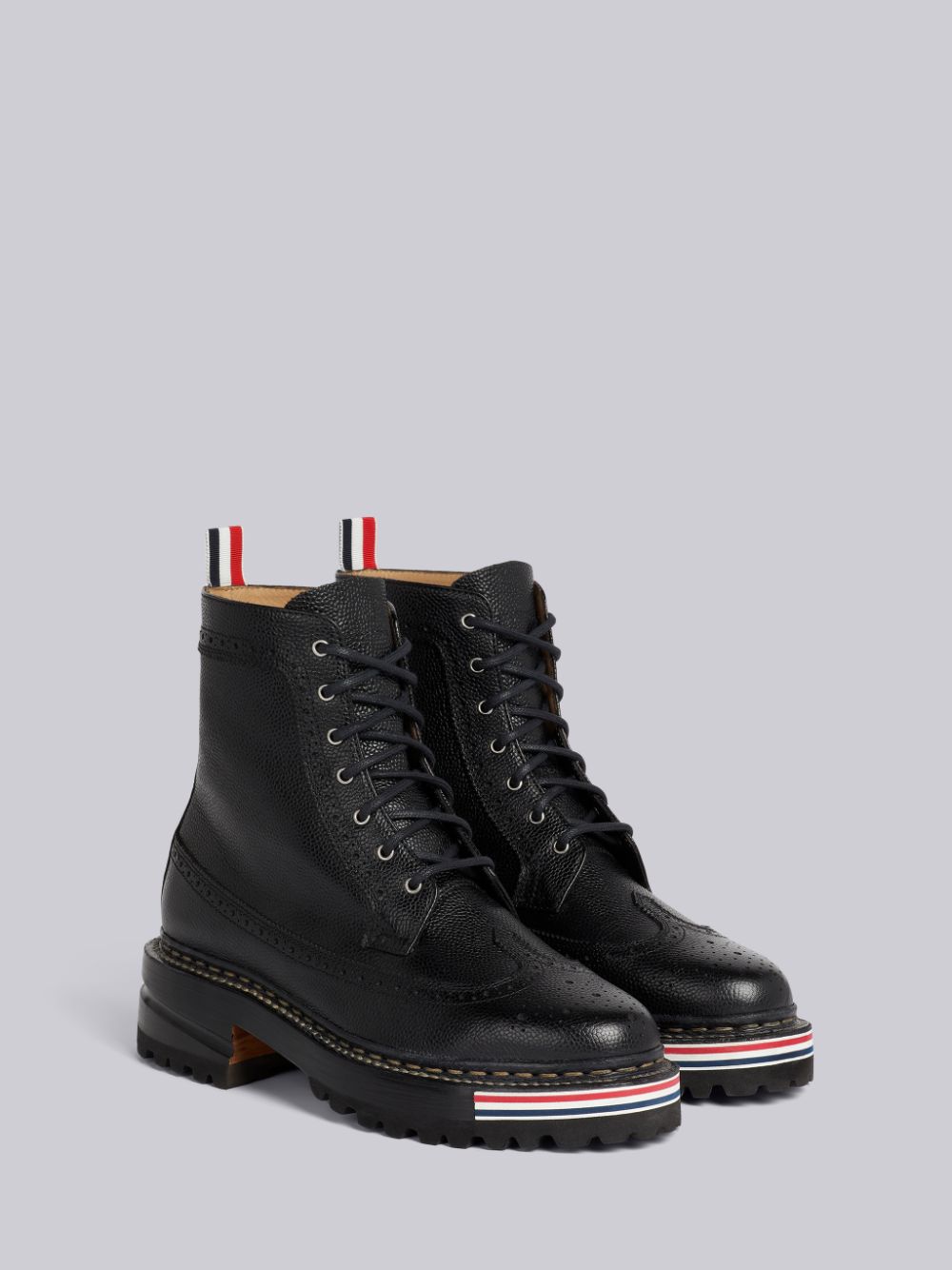 Thom Browne Pebble Grain Leather Rubber Hiking Sole Stripe Micro Insert Lace-Up Longwing Donna Stivali Nere | LJC92F07870