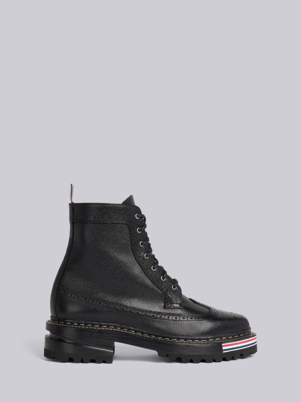 Thom Browne Pebble Grain Leather Rubber Hiking Sole Stripe Micro Insert Lace-Up Longwing Donna Stivali Nere | LJC92F07870