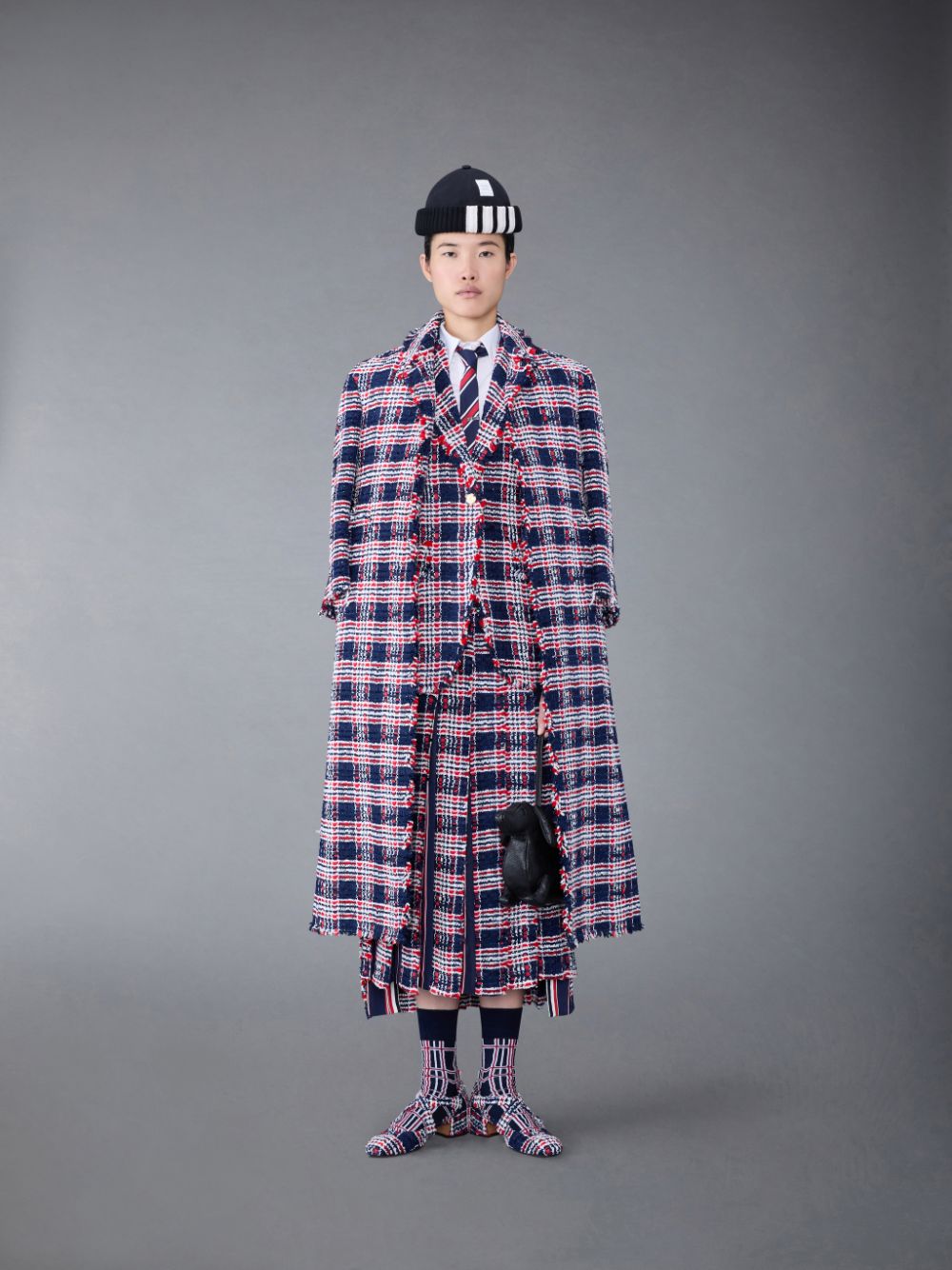 Thom Browne Prince of Wales Check Frayed Chenille Tweed Elongated Sport Donna Cappotti Blu | TSN39Z97645