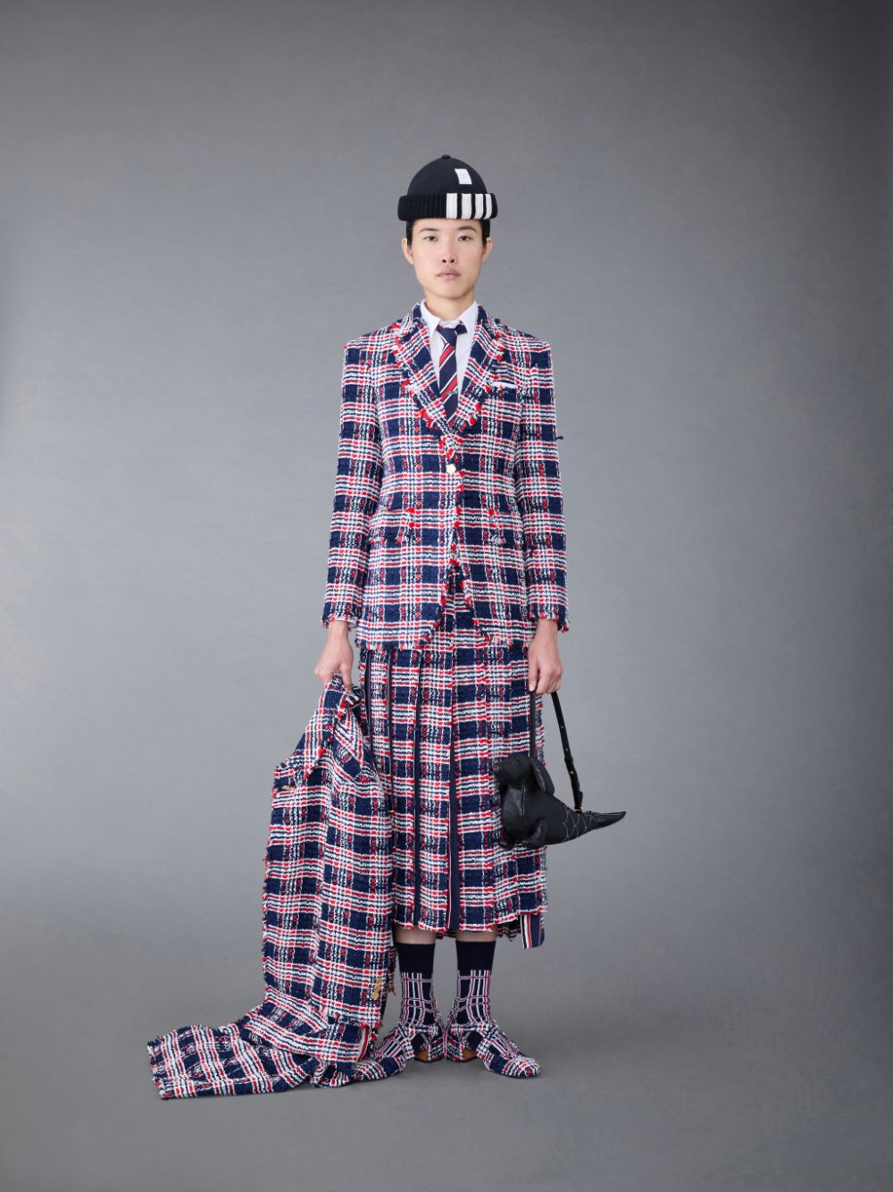 Thom Browne Prince of Wales Check Frayed Chenille Tweed Elongated Sport Donna Cappotti Blu | TSN39Z97645