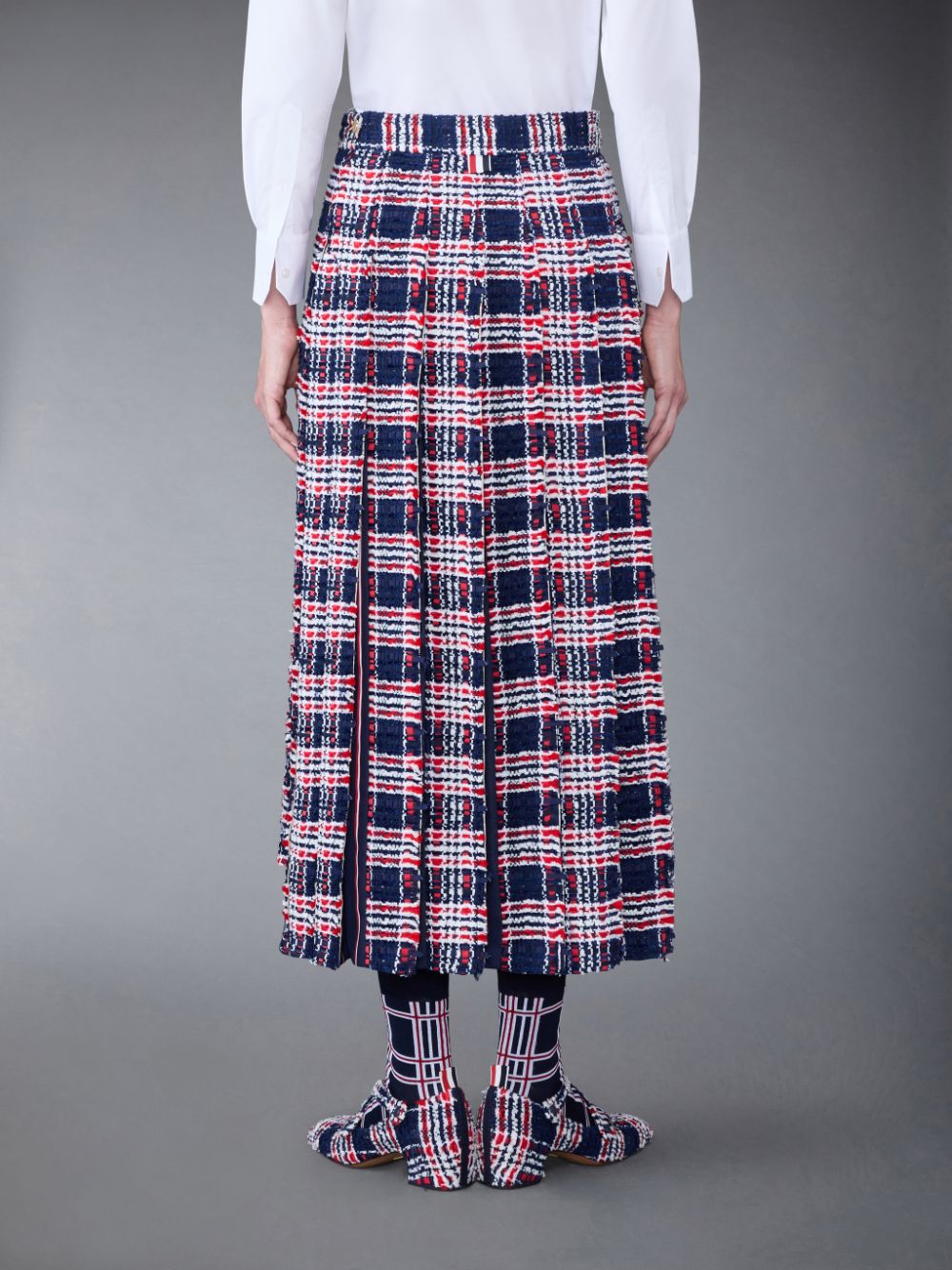 Thom Browne Prince of Wales Check Frayed Chenille Tweed Pleated Donna Gonne Blu | EPC73J24463