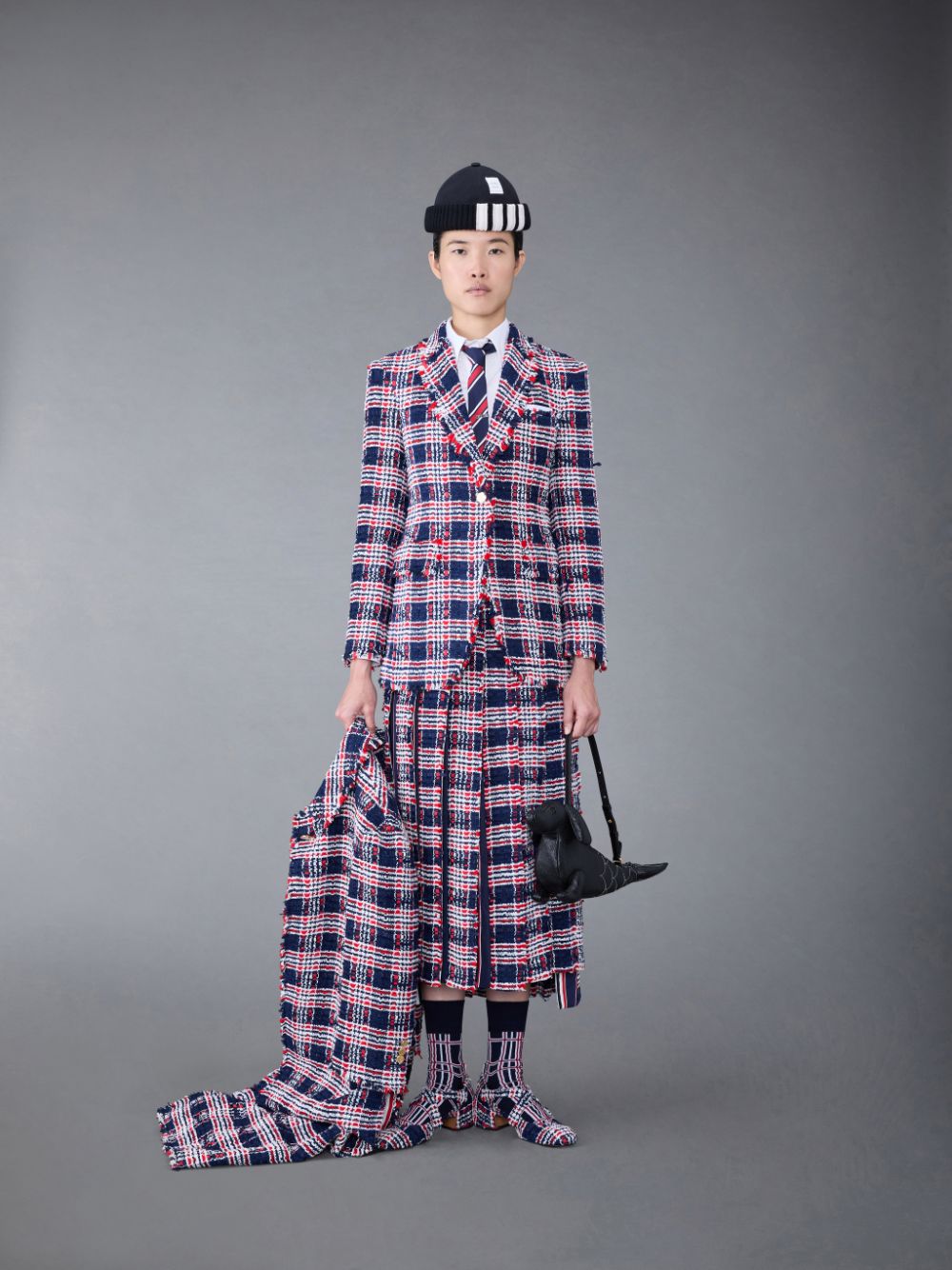 Thom Browne Prince of Wales Check Frayed Chenille Tweed Pleated Donna Gonne Blu | EPC73J24463