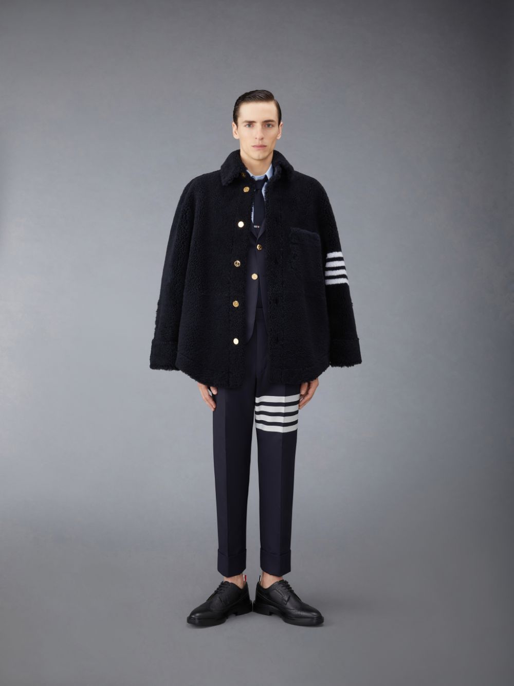 Thom Browne Shearling 4-Bar Oversized Shirt Uomo Giacche Blu | MQX10D33506