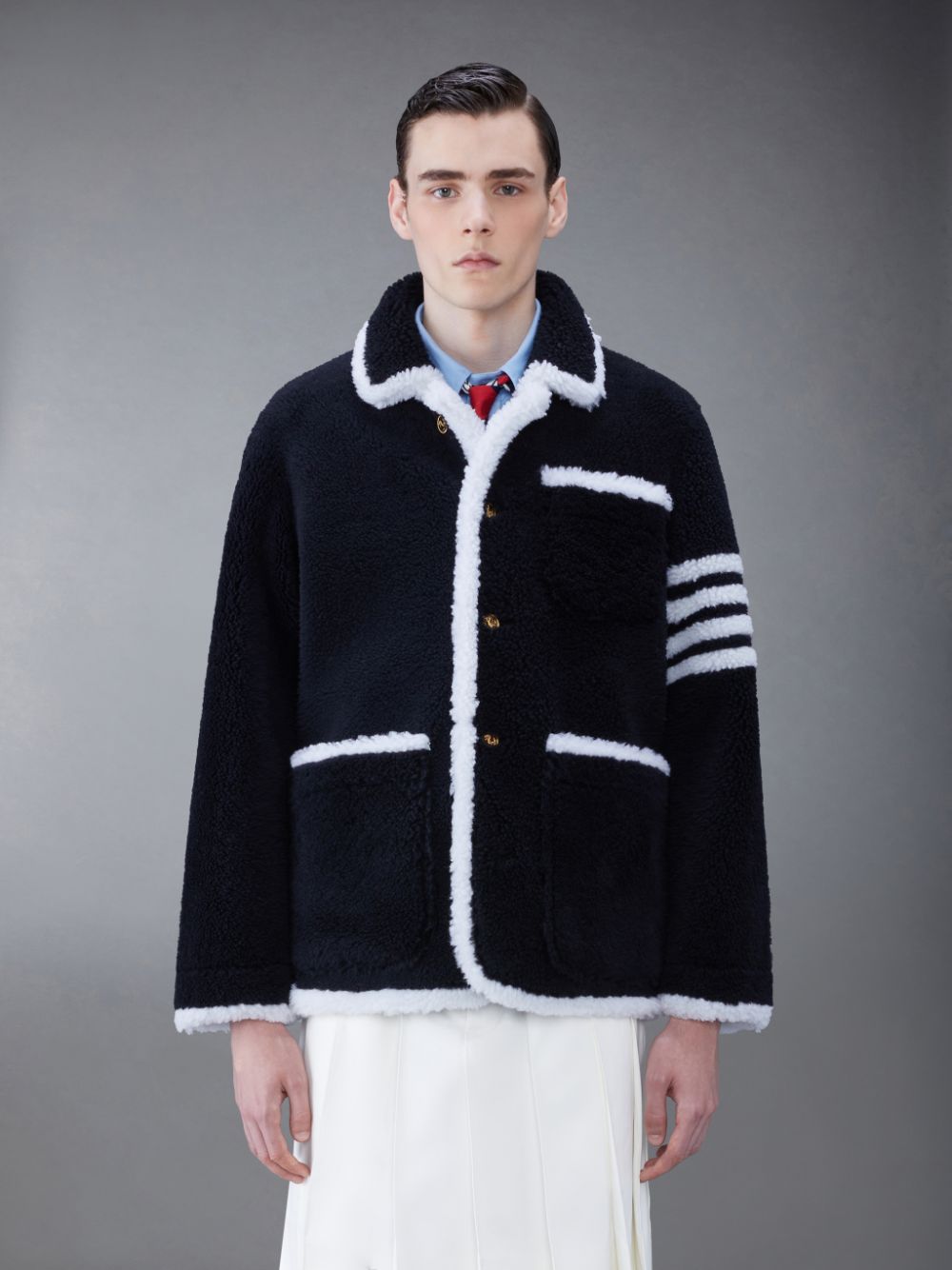 Thom Browne Shearling 4-Bar Sack Uomo Giacche Blu | VJS43Z08939