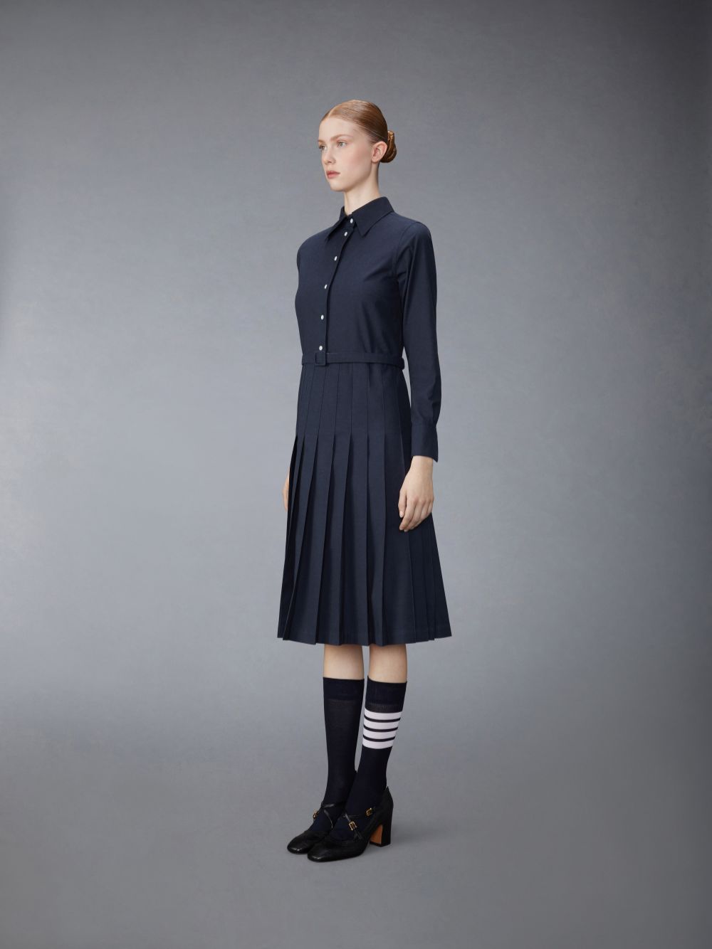 Thom Browne Stripe Cotton Flannel Midi Pleated Bottom Belted Donna Vestito Blu | AXR17I35028