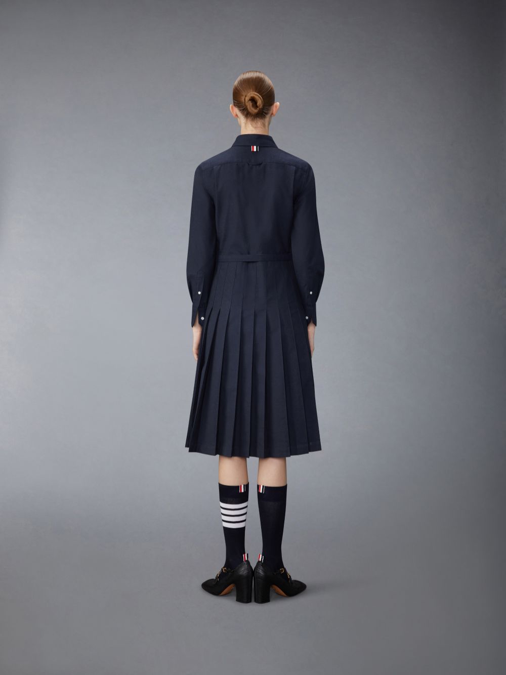 Thom Browne Stripe Cotton Flannel Midi Pleated Bottom Belted Donna Vestito Blu | AXR17I35028