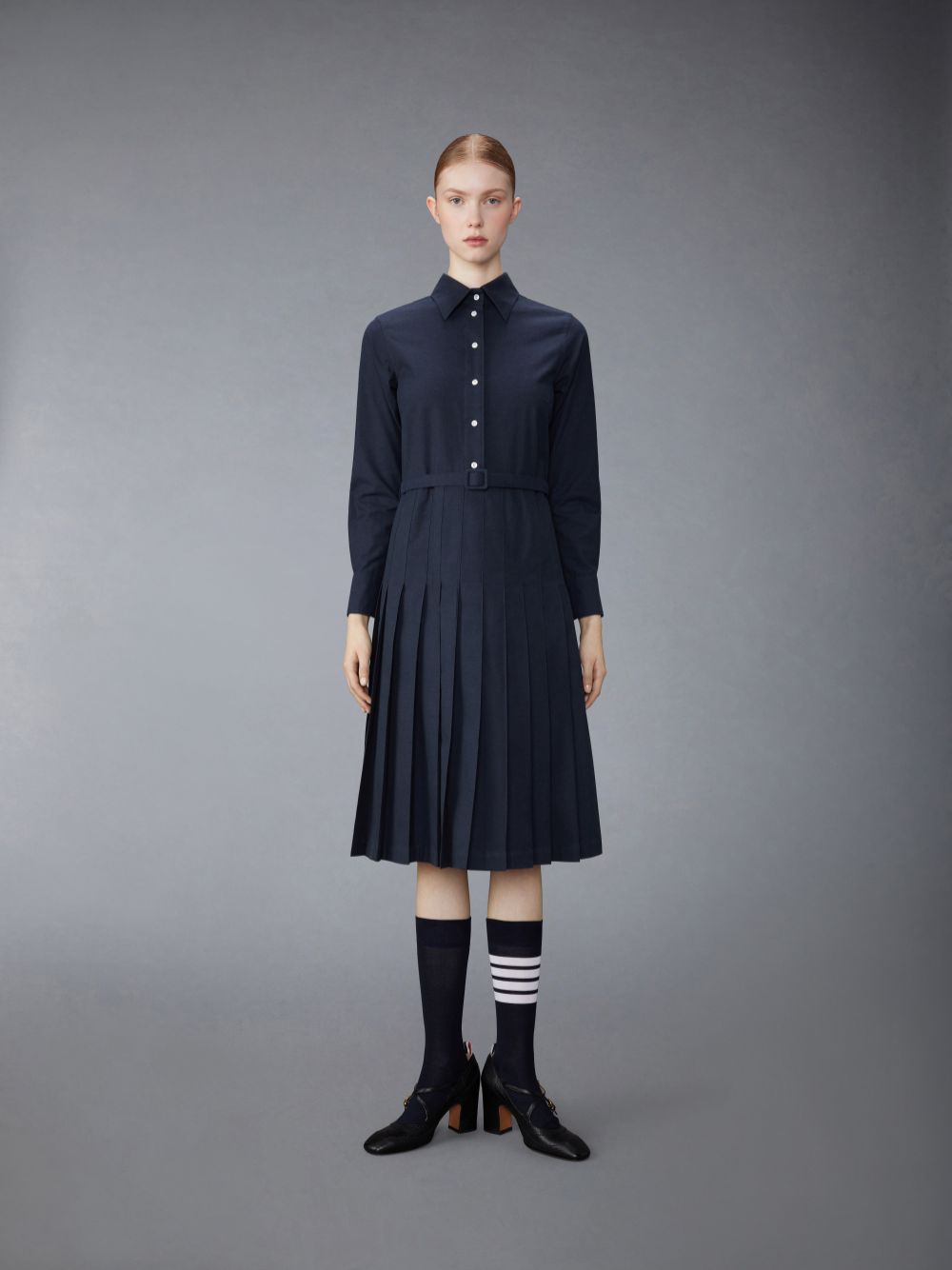 Thom Browne Stripe Cotton Flannel Midi Pleated Bottom Belted Donna Vestito Blu | AXR17I35028