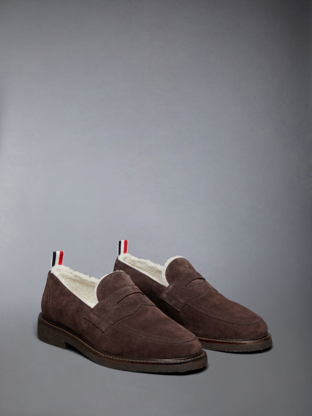 Thom Browne Suede Crepe Sole Shearling Penny Uomo Mocassini Marroni | DOR27T20449