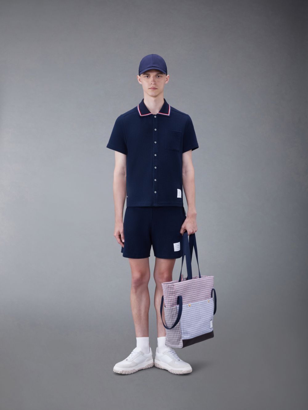 Thom Browne Textured Cotton Short Sleeve Polo Uomo Camicie Blu | YXY21H61731