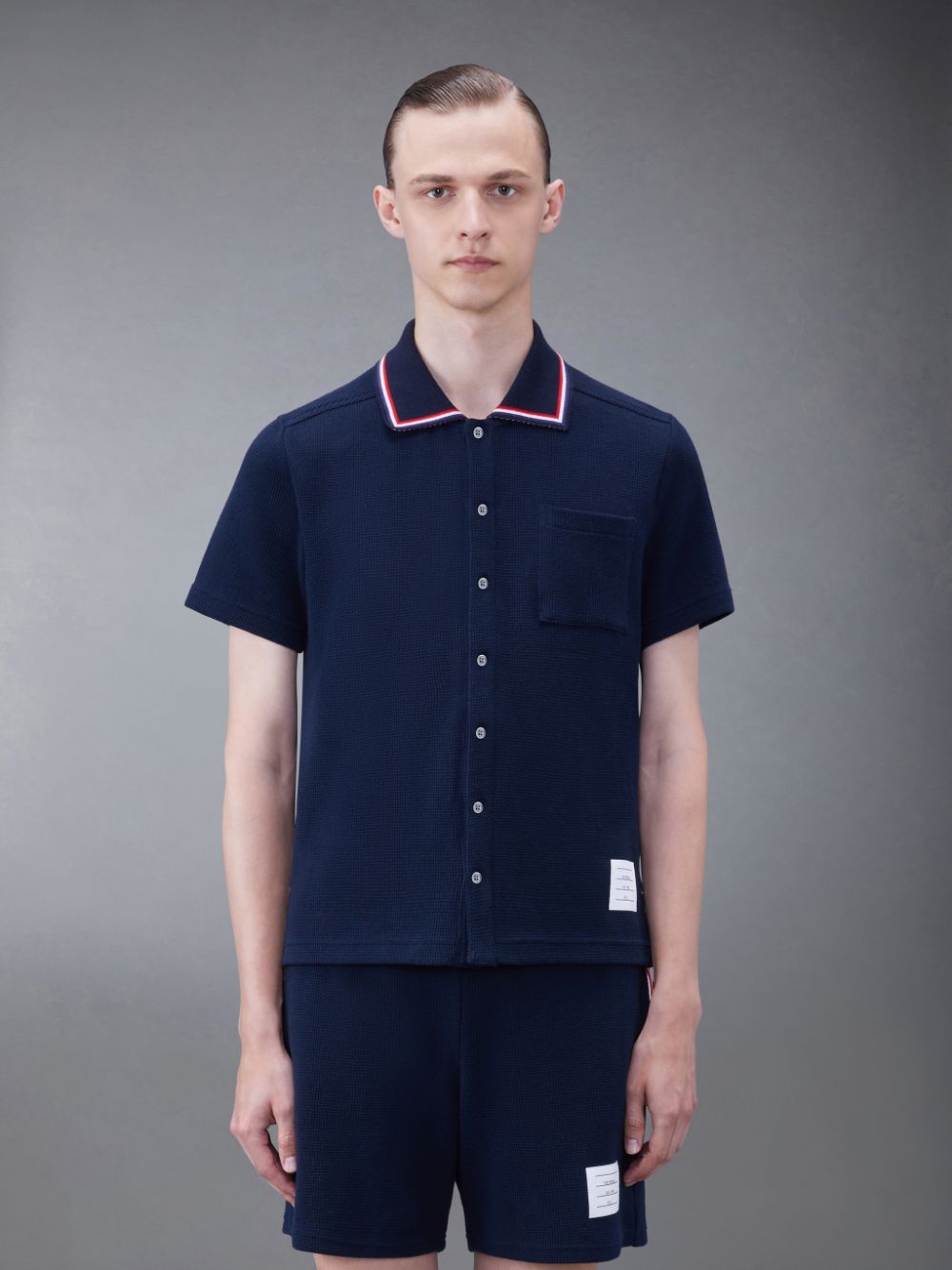 Thom Browne Textured Cotton Short Sleeve Polo Uomo Camicie Blu | YXY21H61731