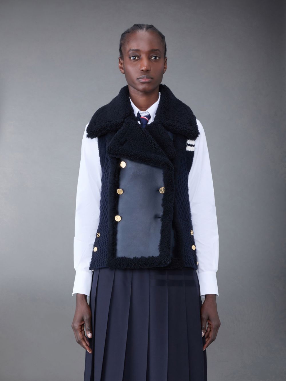 Thom Browne Textured Wool and Shearling 4-Bar Combo Donna Gilet Blu | KRQ97V79763