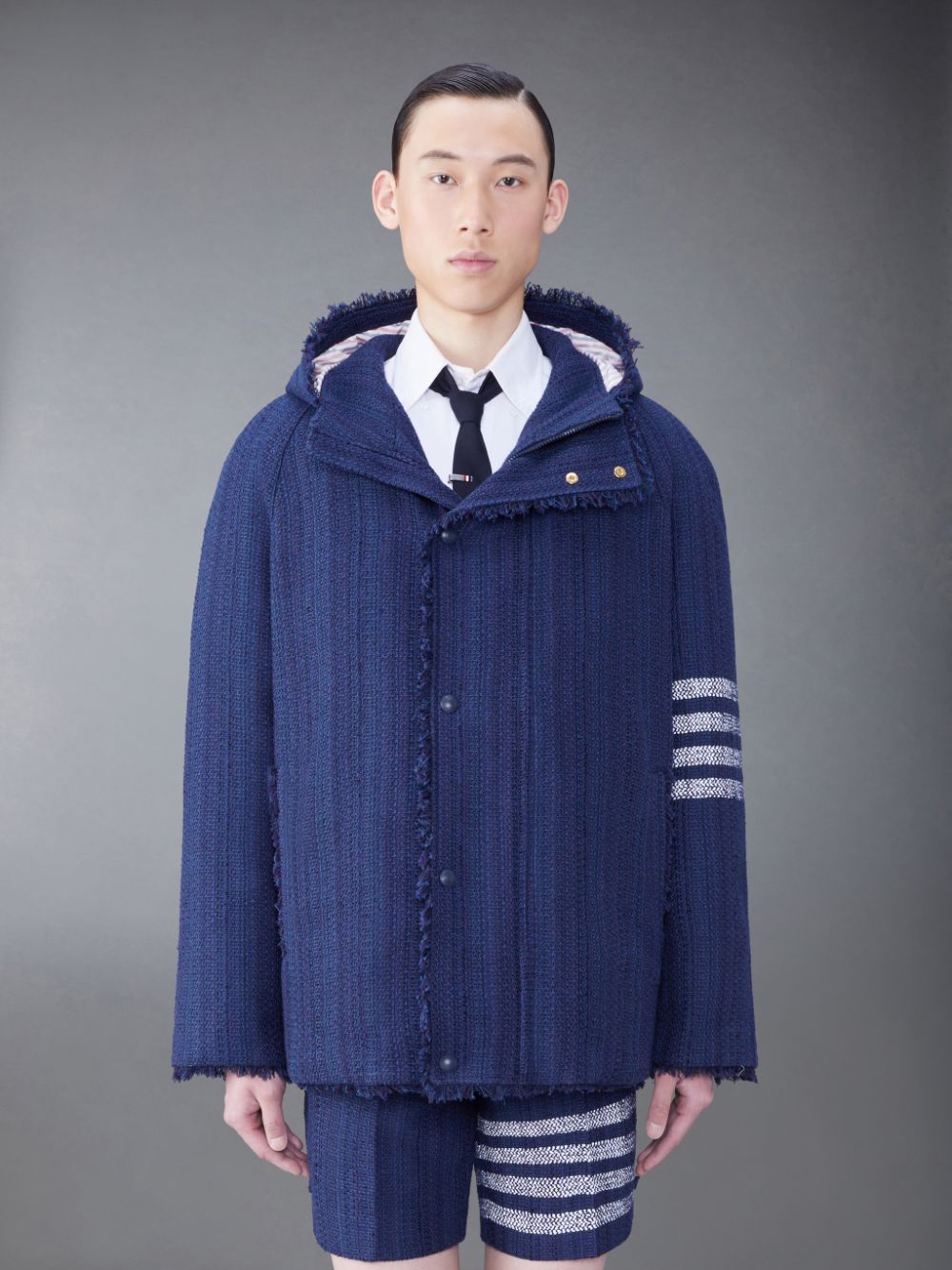 Thom Browne Tweed Fray 4-Bar Cropped Football Uomo Parka Blu | GZN38O73660