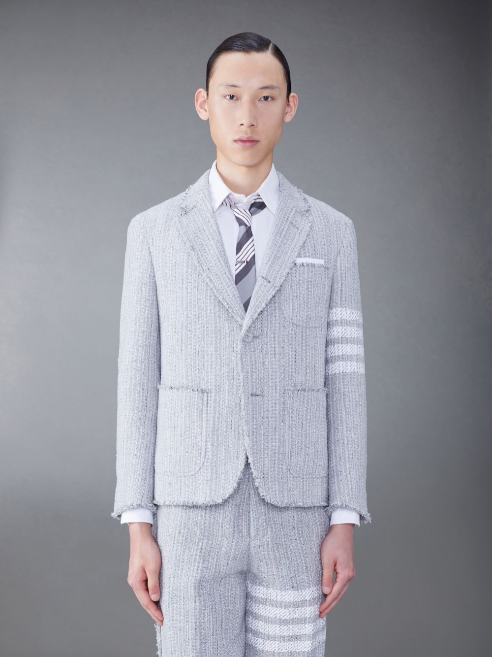 Thom Browne Tweed Fray 4-Bar Sack Uomo Giacche Grigie | HJW30R16065